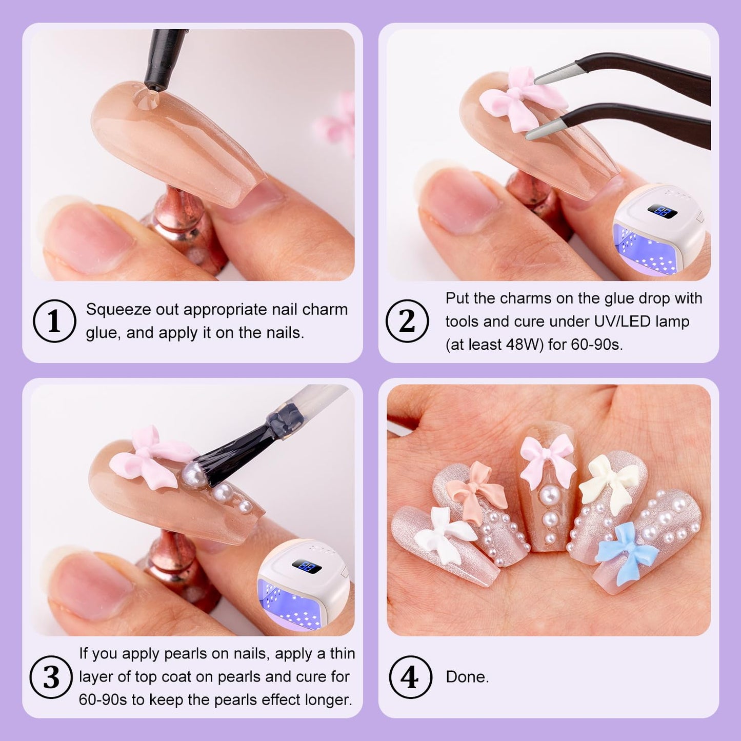 1 Box 3D Bow Charms and Flatback Pearls Set 3, 120 Pcs Cute Bow Charms for Design + 2-4mm White Pearls With Pickup Tweezer and Pencil for Nail Art Decoration