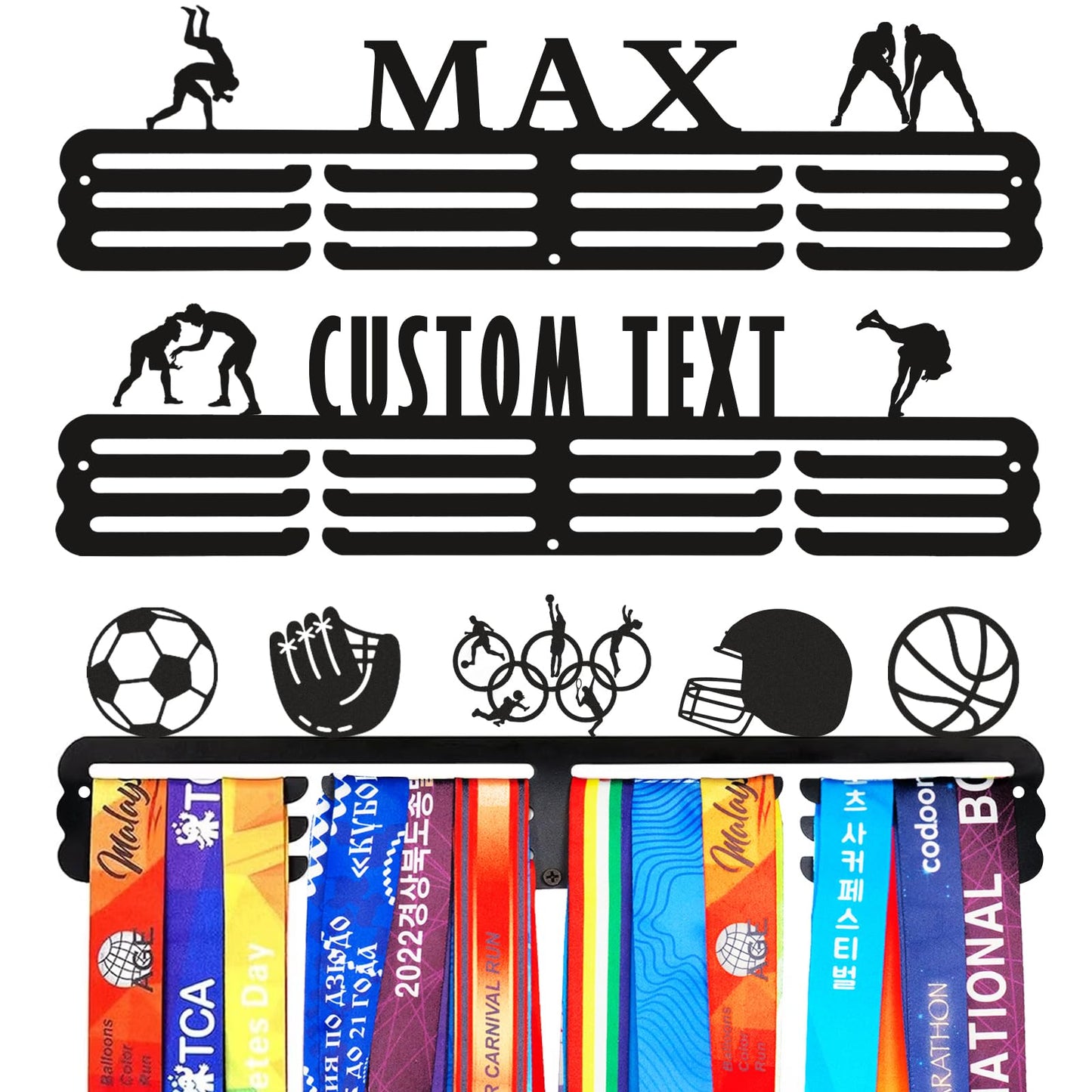 Goutoports Personalized Wrestling Medal Hanger with Name Sport Medal Holder Display Rack for Awards Ribbons - Custom Metal Holder - Holds Up to 60 Medals - Birthday for Athlete Boys Girls