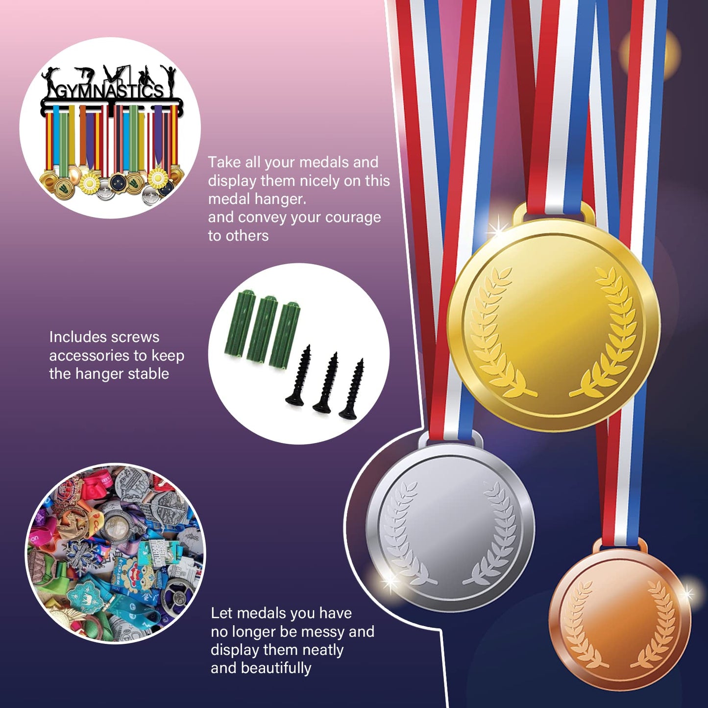SUPERDANT Gymnastics Medal Hanger Display Gymnastics Medal Holder Sports Medal Hanger Display Metal Holder Race Award Ribbon Display for Girls Competition Medal Hanging Athlete Gift