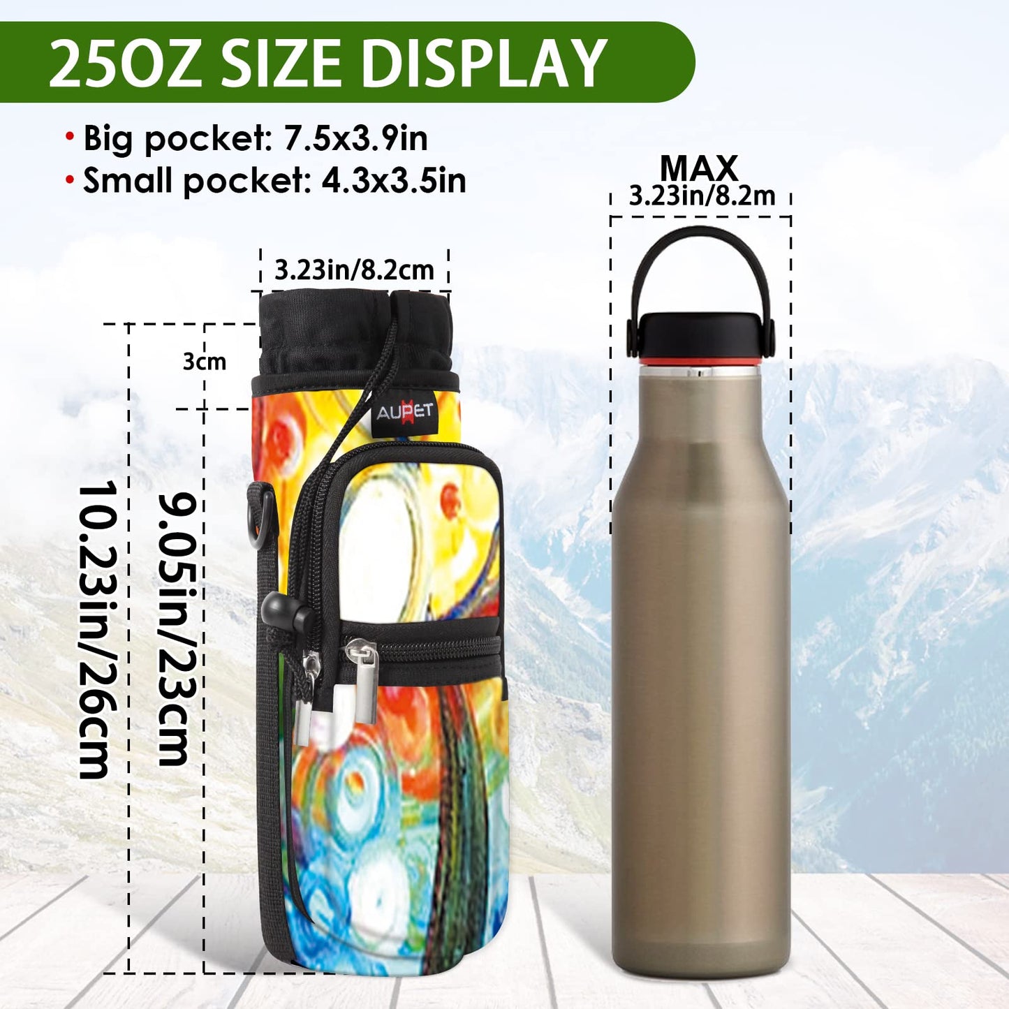 AUPET Water Bottle Sling Bag Sleeve Holder Carrier 25/32/40/64 oz,Insulated Crossbody Water Bottle Case Cover with Strap and Pockets for Men/Women Walking Hiking Camping (25oz, colorful tree)