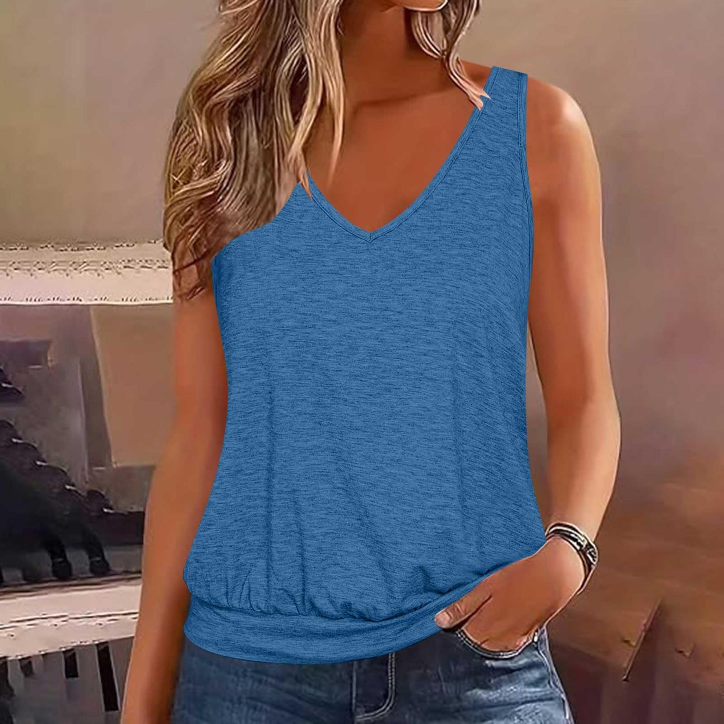 Womens Summer Tops Dressy Casual Banded Bottom Tank Tops Loose Fit V Neck Sleeveless Solid Basic Tee Shirts Blouses My Orders My Orders Lightning Deals of Today Prime of Day Deals Today 2024 Blue