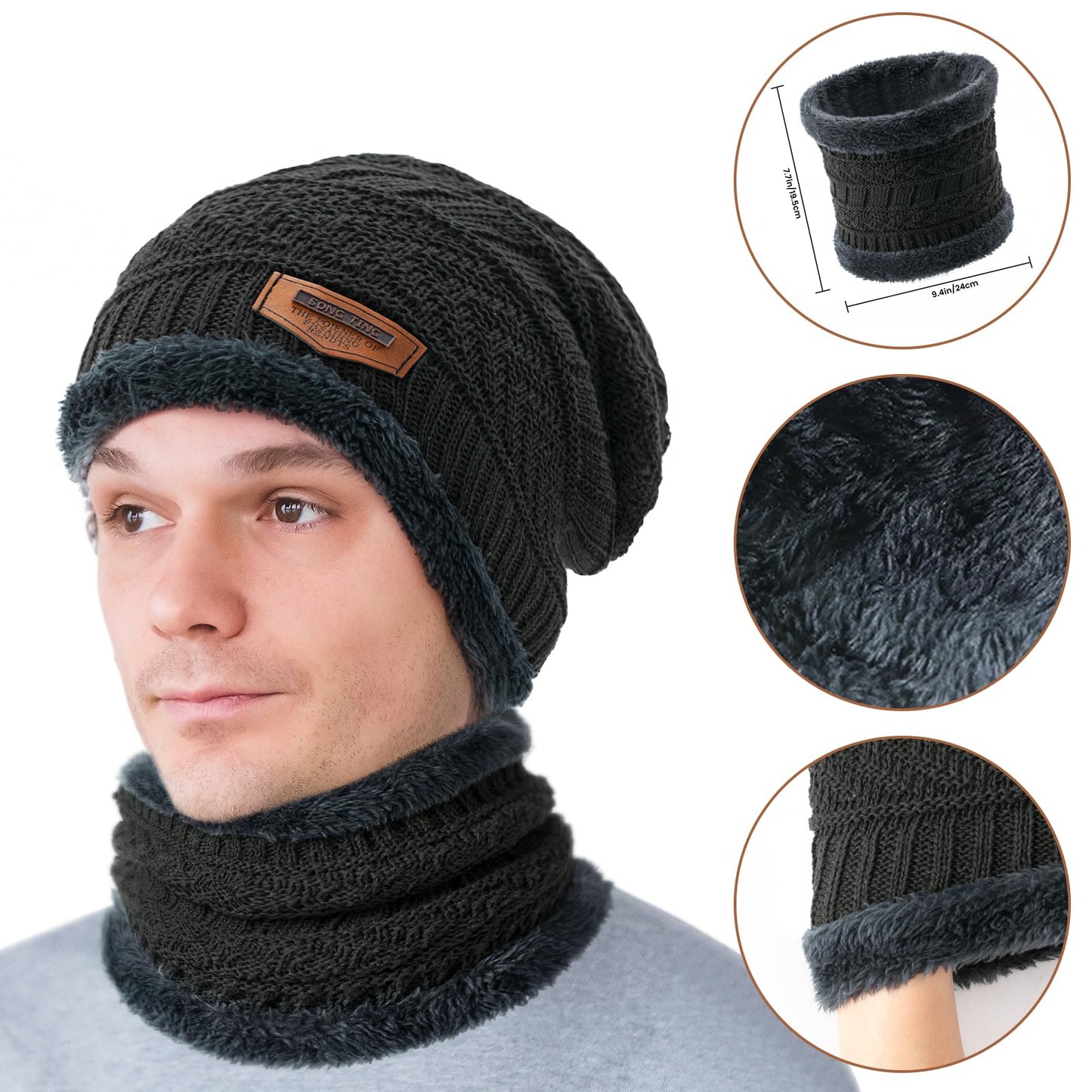 Winter Hat Beanie Circle Scarves Touchscreen Gloves Set, Warm Clothes Set with Knit Fleece Lined Skull Cap Gloves Neck Warmer for Men Women, Dark Grey