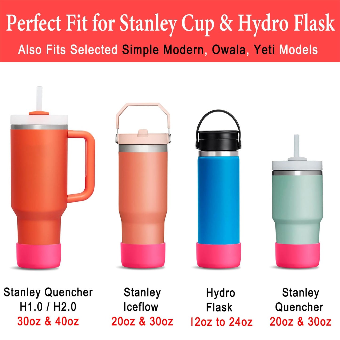 KTKUDY 2Pcs Silicone Boot for Stanley Quencher Tumbler H2.0 30 oz 40 oz & IceFlow 20 oz 30 oz & Intended for Hydro Flask Water Bottle 12-24 oz - Protective Cup Bottom Accessories Fits Stanley Cup