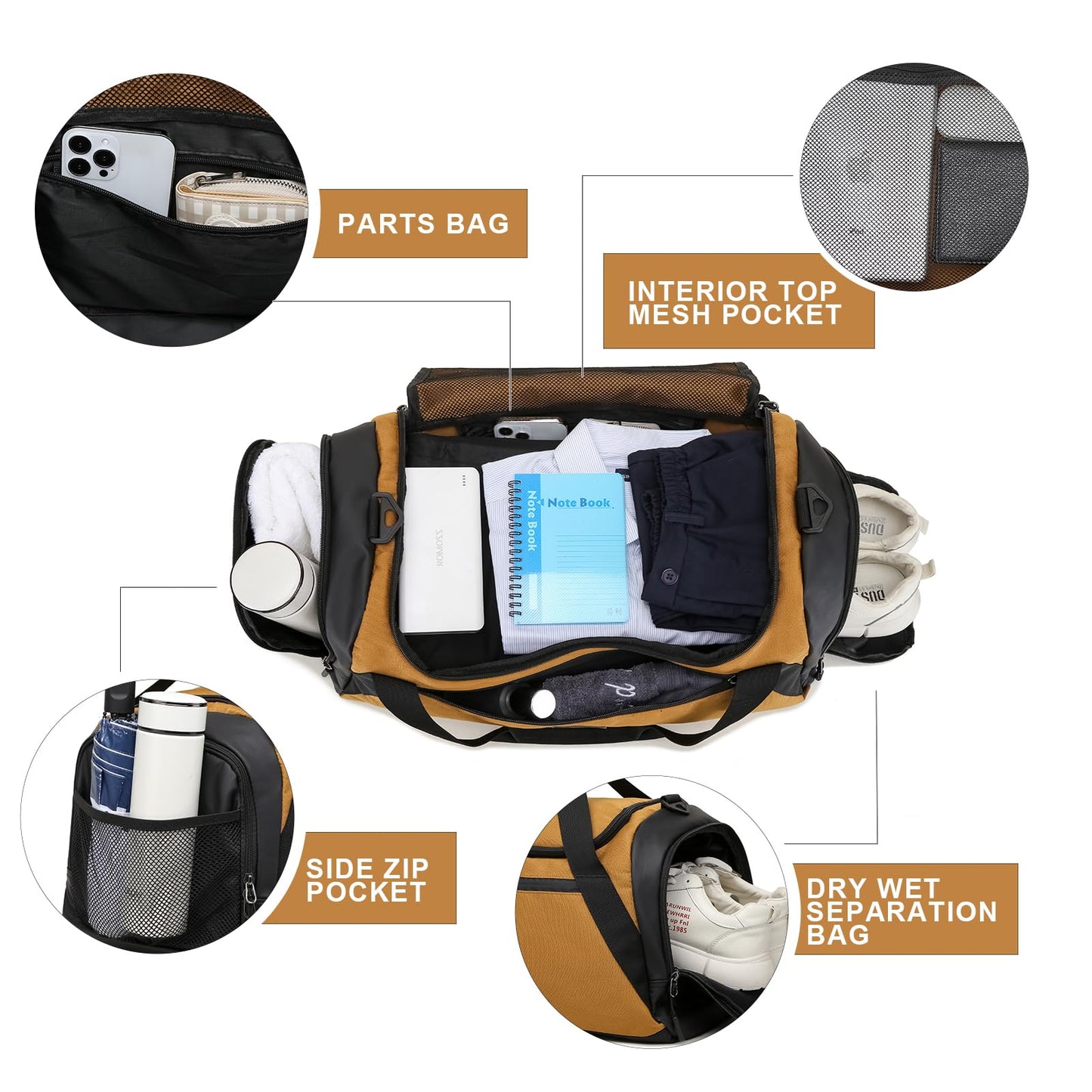 Gym duffle Bag For Men 40L Sports Duffel Bags Large Gym Bag For Women With Shoe Compartment & Wet Pocket Water Resistant Travel Duffel Bag Lightweight Weekender Overnight Bag,Khaki