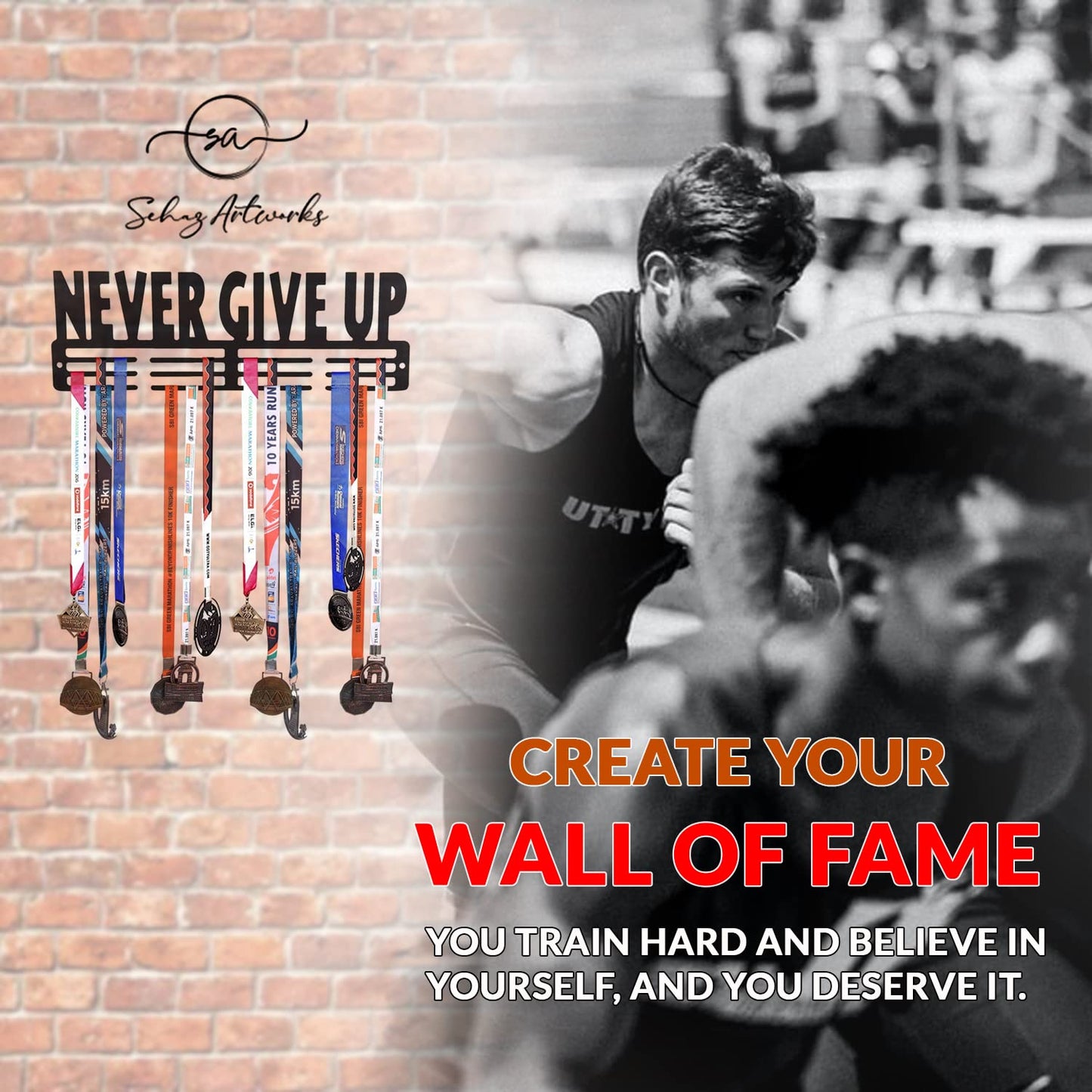 SEHAZ ARTWORKS Medal Hanger Display | Medal Holder Display | Medal Display Hanger | Medal Holder Wall (Holds Upto 30-40 Medals) NeverGiveUp Black