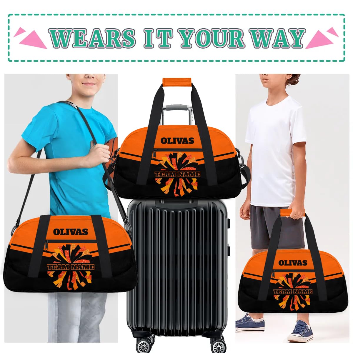 Personalized Cheerleader Bag Dance Bag for Girl, Custom Team Bag Gym Bag Sport Duffel Bag, Weekender Bags Travel Bag for Cheer Team Black Orange Glitter Glam