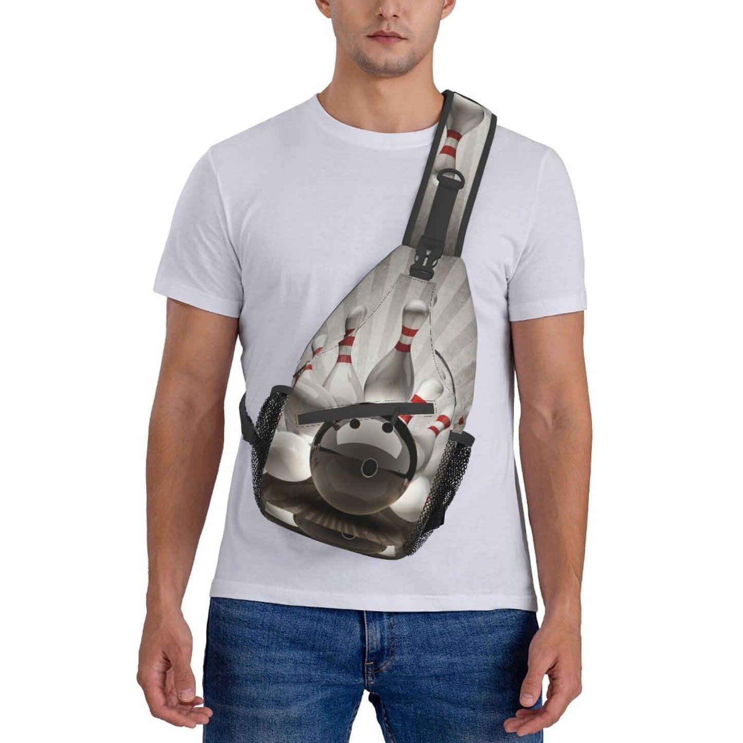 NISENASU Ball Print Sling Bag Crossbody Backpack,Sports Theme Bowling Ball Knocked Down Bowling Pins Ball Team Popular Art Chest Bag Adjustable Casual Shoulder Bag Travel Hiking Daypack
