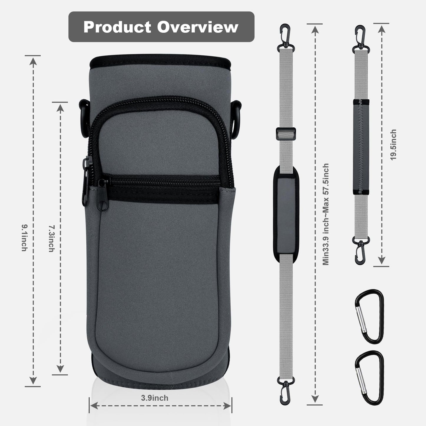 Bstge Water Bottle Holder with Strap, Water Bottle Carrier Bag with Phone Pocket, Shoulder Hand Strap Insulated Neoprene 32 oz Water Bottle Sleeve for Walking Hiking Camping Gym(Gray)