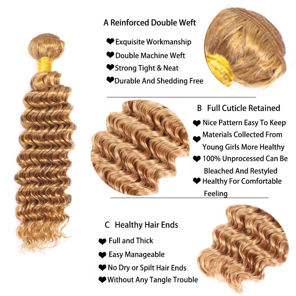 #27 Bundles Human Hair Honey Blonde Deep Wave Bundles 14 16 18 Inch 8A Peruvian Virgin Hair 3 Bundles Color 27 Deep Wave Bundles Hair Extensions Blonde Bundles Human Hair