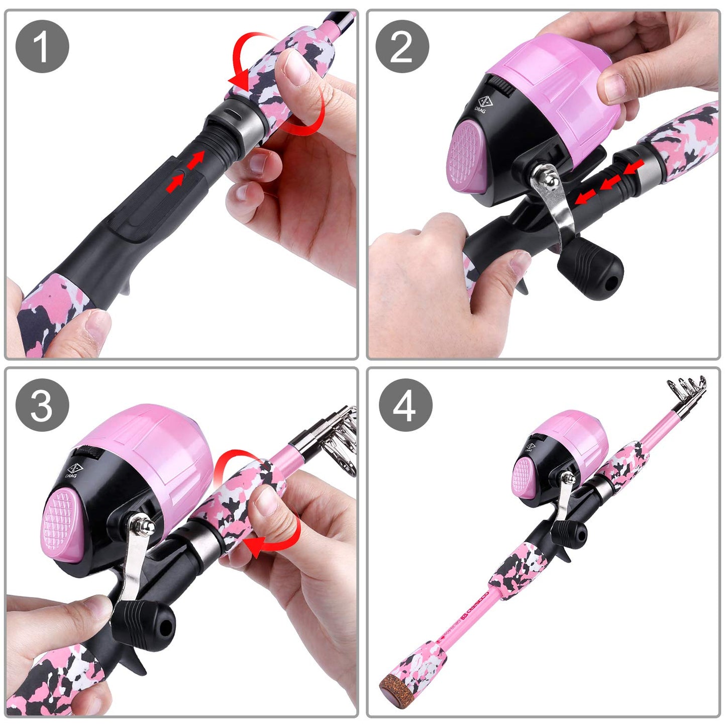 ODDSPRO Kids Fishing Pole - Kids Fishing Starter Kit - with Tackle Box, Reel, Practice Plug, Beginner's Guide and Travel Bag for Boys, Girls (Light Pink, 1.5M 4.92Ft)