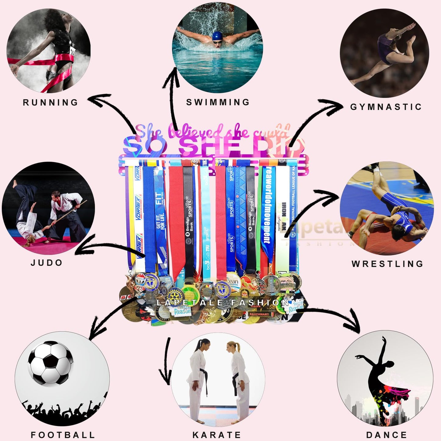 Lapetale Fashion Medal Hanger Holder Display Wall Rack Frame Shelf in 16" long-Medal Hanger Awards Ribbon Cheer,gymnastics,soccer,softball Holder Display Custom Rack for Sports Medals Easy to Install