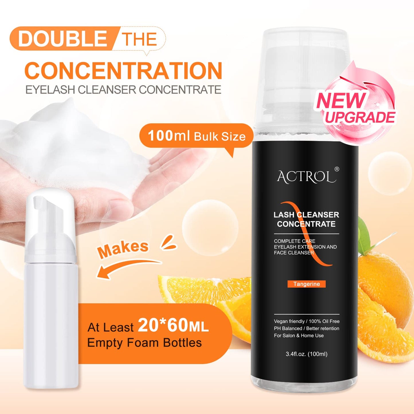 ACTROL Eyelash Cleanser Concentrate 100ml Tangerine Professional Lash Shampoo Foaming Cleanser Paraben & Sulfate Free Non-lrritating Wash for Extensions Lashes with Salon Home Care-Makes 20 Bottles
