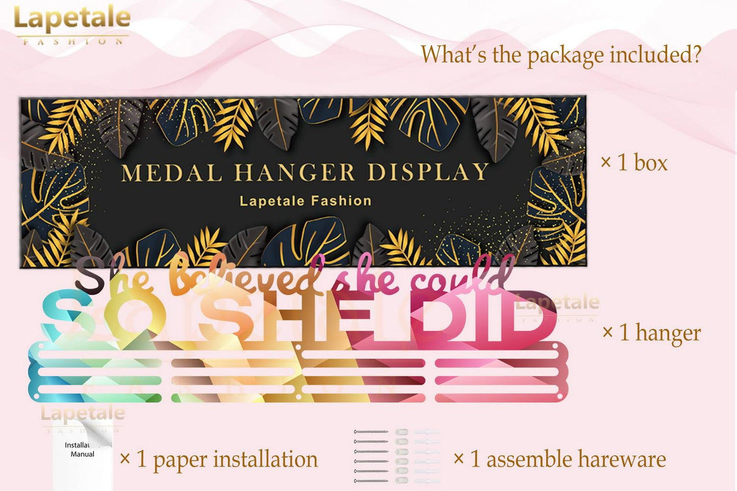 Lapetale Fashion Medal Hanger Holder Display Wall Rack Frame Shelf in 16" long-Awards Ribbon Cheer,gymnastics,soccer,softball