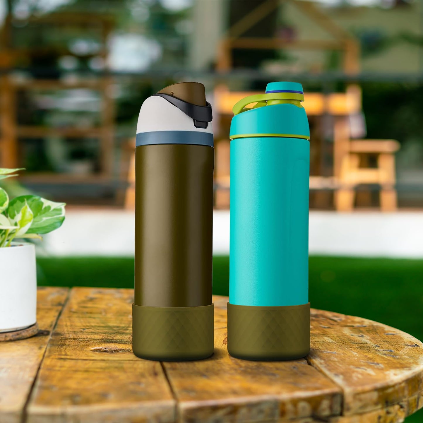 Alwenid 2PCS Silicone Water Bottle Boot for Owala 24 Oz, Anti-Slip Protective Sleeve Bottom Bumper Protector for FreeSip, Twist, and Flip Stainless Steel Water Bottles (Brown Green)