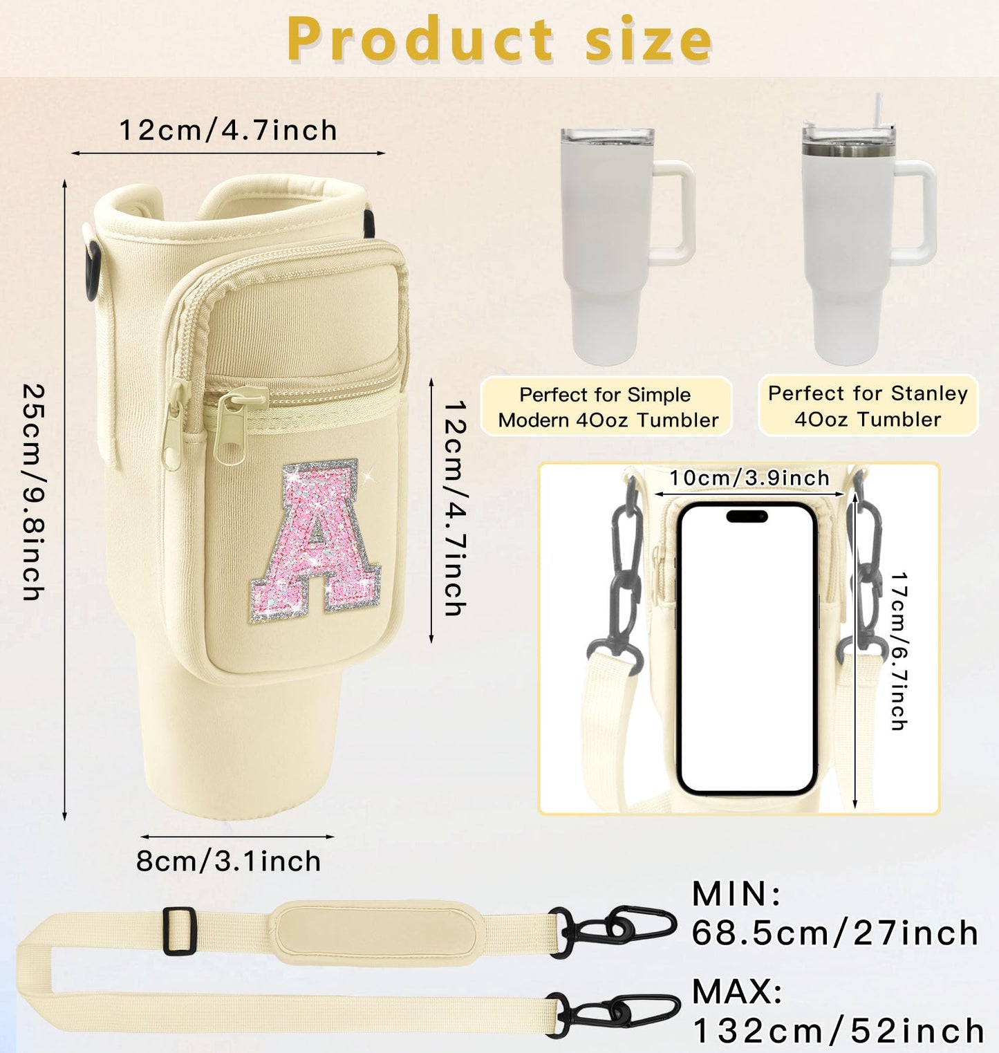 Aganmi Initial Water Bottle Carrier Bag with Phone Pocket for Stanley 40Oz Cup Accessories,Water Bottle Holder with Shoulder Strap Christmas Birthday Gifts for Family Friend Girlfriend (Cream S)