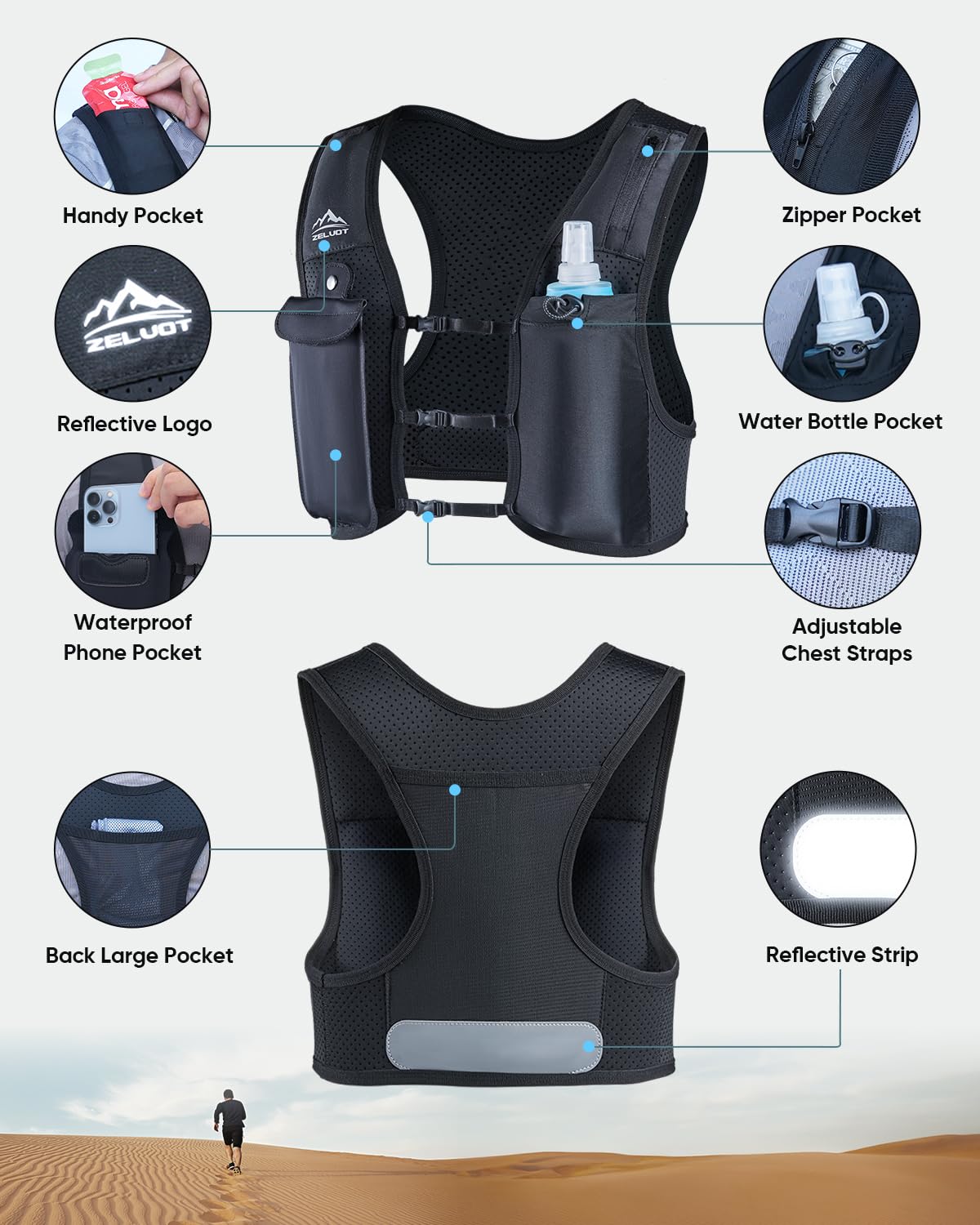 Zelvot Running Vest for Women Men, USA Original Patent, Adjustable Chest Straps Running Hydration Vest with 500ml Soft Flask, Lightweight Breathable Reflective Running Vest for Trail Running - M/L