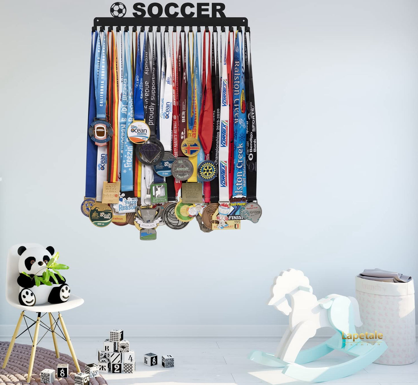 Lapetale Fashion Soccer Medal Hanger Display Medal Holder Hanger Display Rack,Easy Install Easy to Use,Soccer Medal Display Rack, Soccer Medal Hanger with 20PCS Hanging Hooks Upgraded Extension Hooks