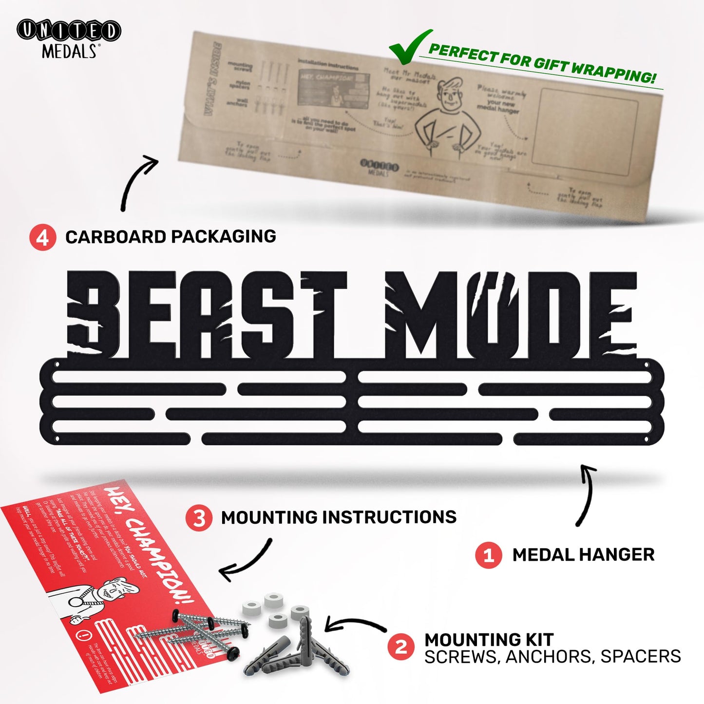 Sports Medal Hanger Display Race Beast Mode | Black Race Medal Holder Awards Wall Mount | Running Marathon Race Medal Display for Wall | Steel Medal Holder for Wall Holds up to 48 Medals