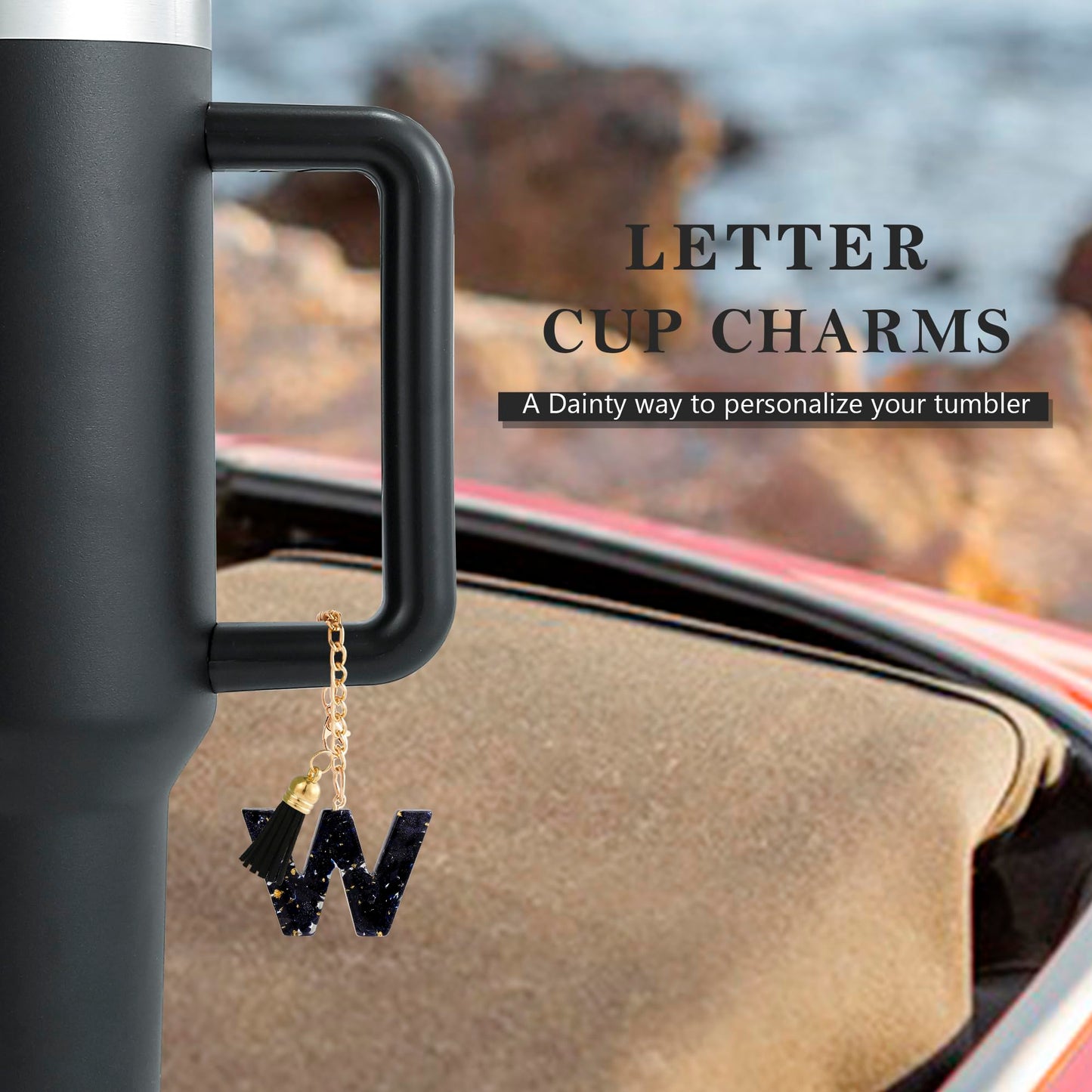 Letter Charm Accessories for Stanley Cup 1 PCS Cute Initial Keychain Handle Charm for Stanley Tumbler for Women Black Letter W