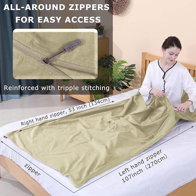 100% Cotton Sleeping Bag Liner with Full Length Zipper on 3 Sides; Single/Double Adult Sleep Sack for Travel & Camping, Multifunctional Travel Sheets (Unzipped 87”x87”) for Hotel, Lightweight
