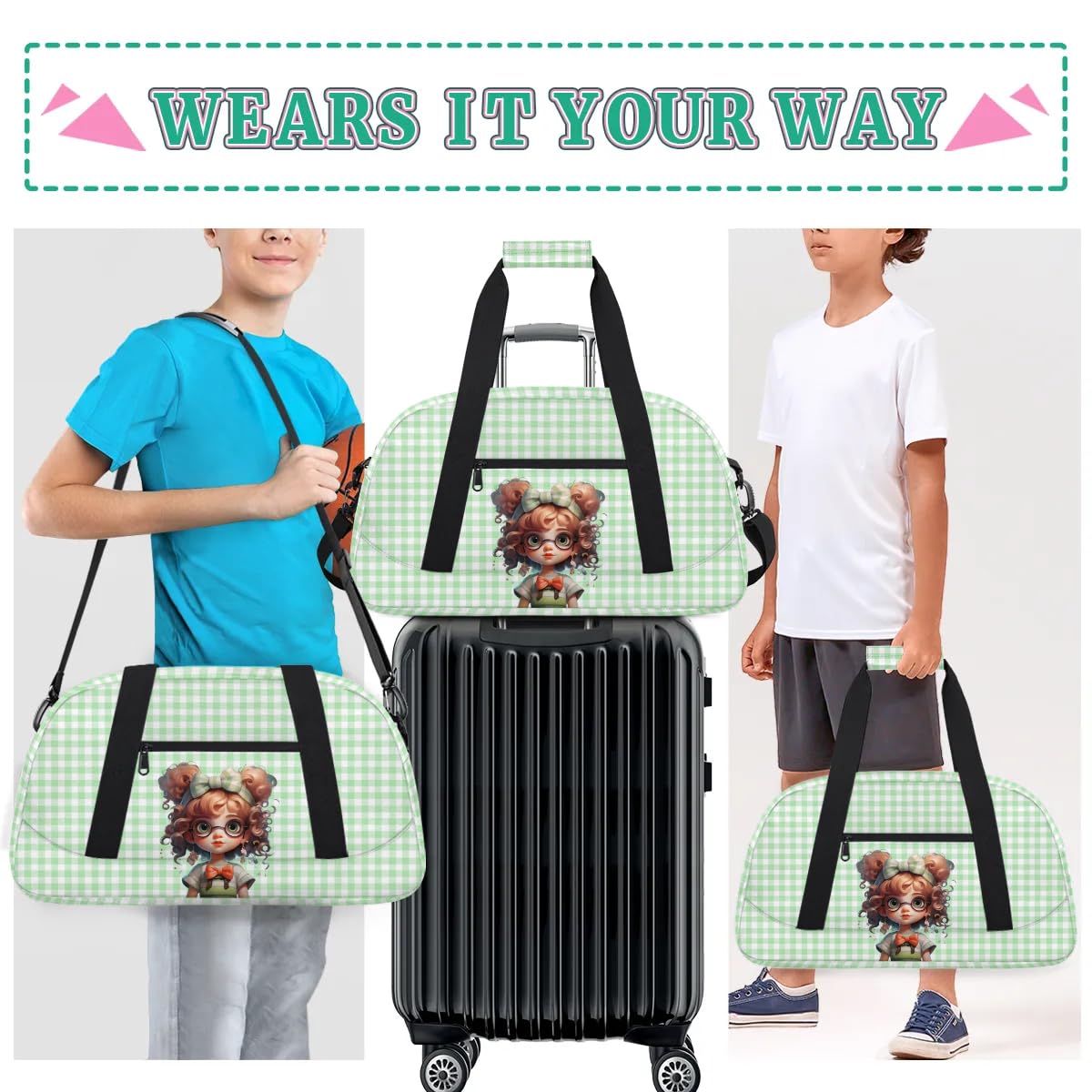 Gym Bag for Kids Girls, Cute Curly Hair Girls Small Duffel Bag with Padded Handles Carry On Weekend Travel Bag for School Practice Ball Games