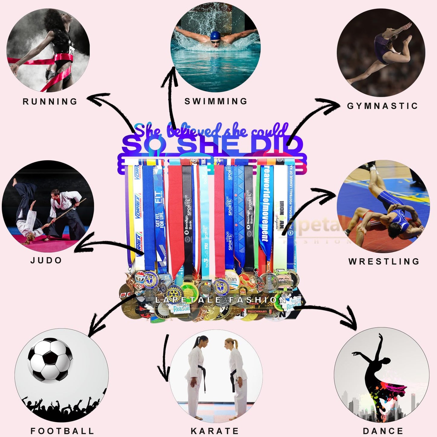 Lapetale Fashion She Believed She Could SO SHE DID Medal Hanger Display,Gymnastics Medal Holder for Girls,Medal Holder Upgraded New for Sports,Cheer,Gymnastics,Soccer,Softball,Marathon