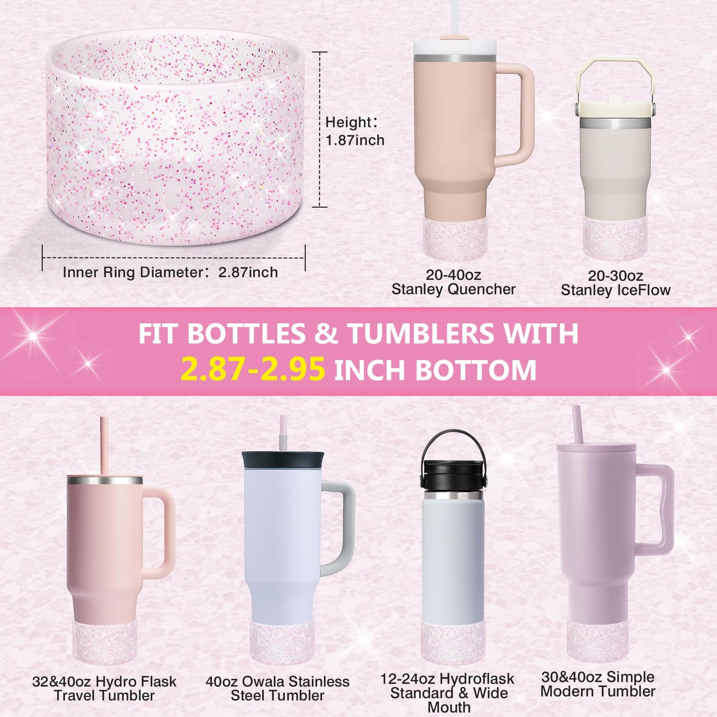 WUQID 2 Pack Bling Silicone Boot Compatible with Stanley Tumbler 20-40oz & Hydro Flask Water Bottle 12-24oz and More Bottles/Tumblers Bottom Width of 2.83-2.95in,Glitter Reduces Dents Sleeve Cover
