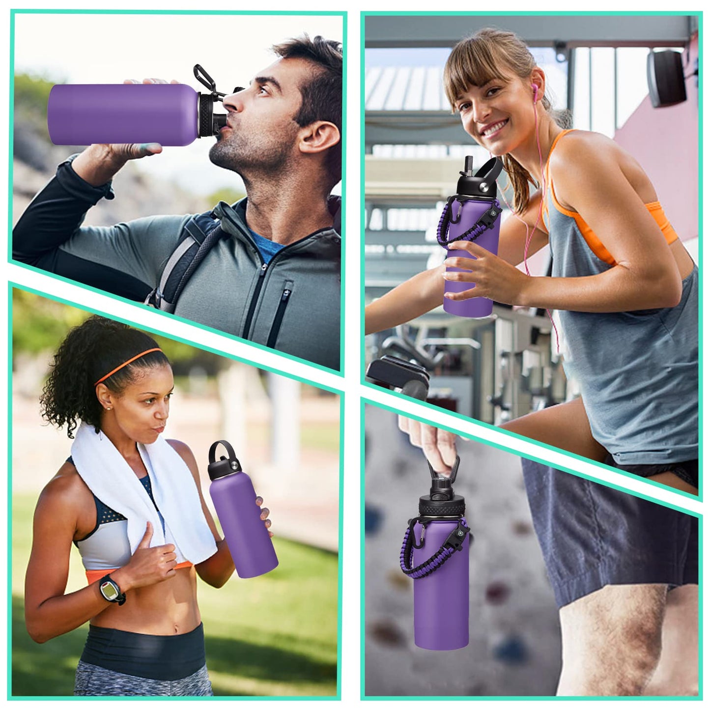 32 oz Water Bottles with Straw & Spout Lid, Paracord Handle & Strap, Double Wall Insulated Flask Water Bottle, Reusable Wide Mouth Gym Water Bottles for Women and Men for Outdoor Fitness Sports