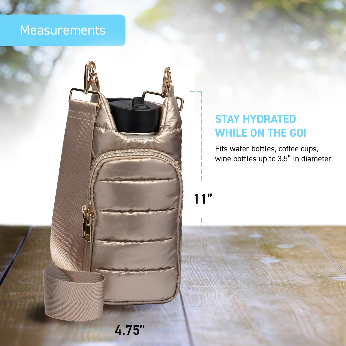 WanderFull Original Crossbody HydroBag | Quilted Water Bottle Carrier | Puffer Tote Tumbler Holder with Pockets for Purse, Phone & Accessories | Carry Travel Essentials (Gold Shiny/Solid Gold Strap)
