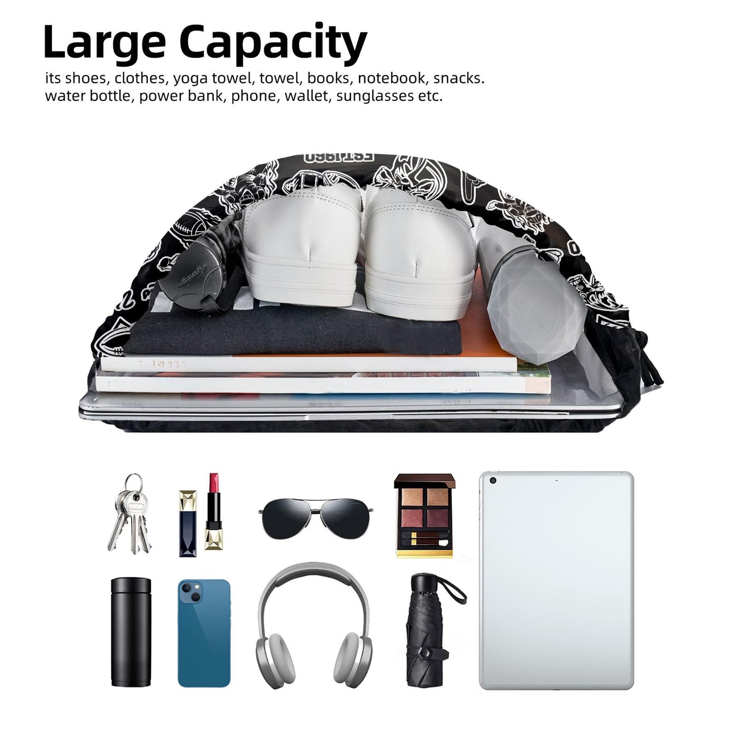 MAUPIVAE Las Vegas Drawstring Bags, Football Lovers Gym Sports Backpack, Black and Silver Hiking Travel Bag for Men Women
