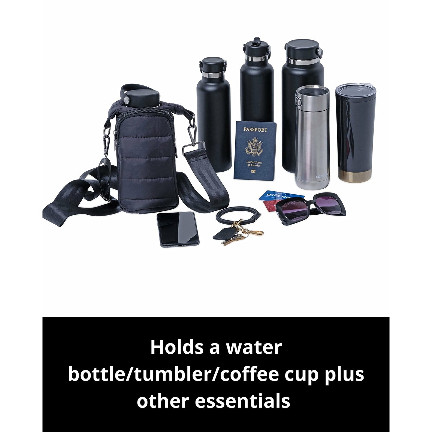WanderFull Original Crossbody HydroBag | Quilted Water Bottle Carrier | Puffer Tote Tumbler Holder with Pockets for Purse, Phone & Accessories | Carry Travel Essentials (Matte Black/Black Strap)