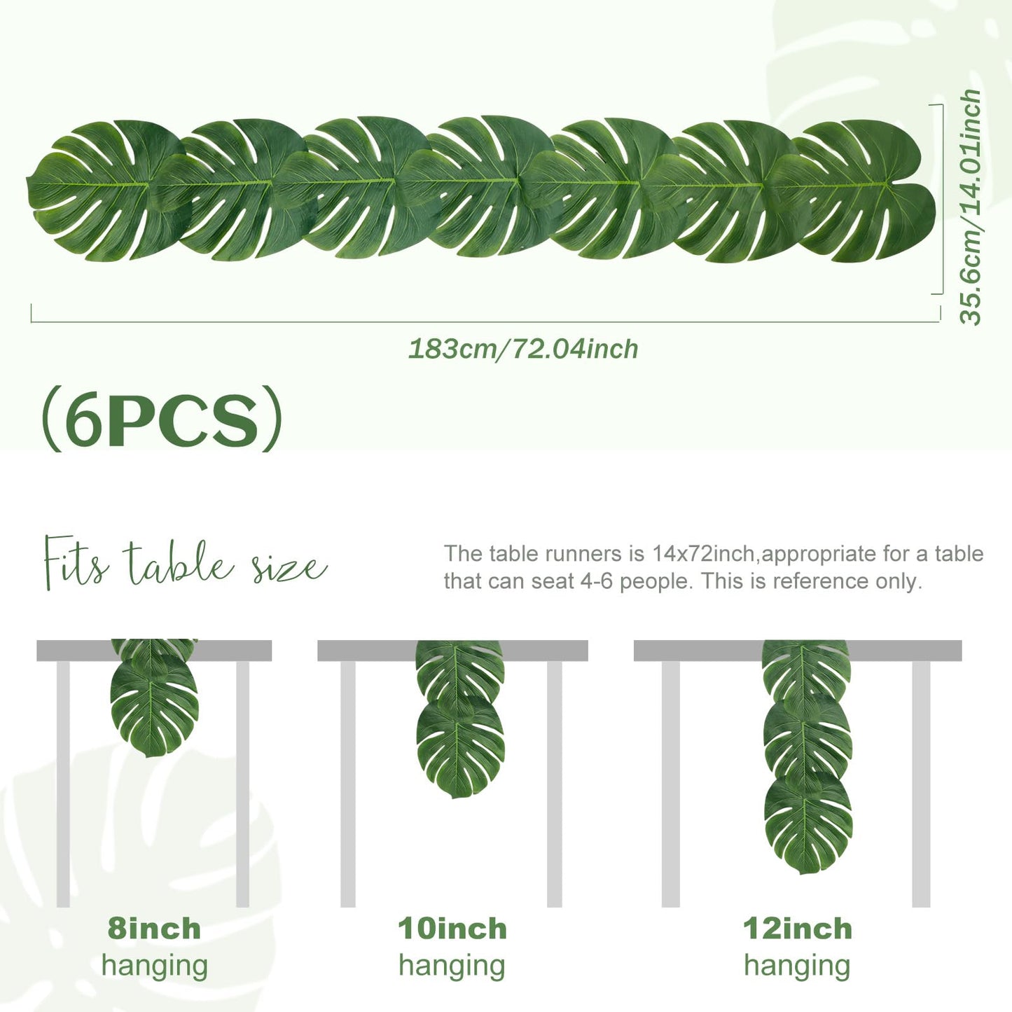 AerWo 6Pcs Artificial Palm Leaves Green Table Runner, Summer Tropical Leaf Table Runners 72 inches Long for Wedding Moana Jungle Safari Tropical Hawaiian Luau Party Decorations