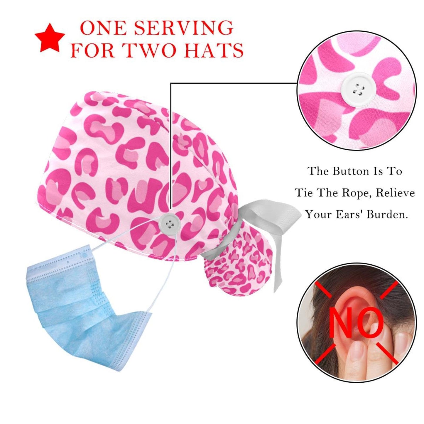 Generic 2 Pcs Leopard Unisex Working Cap with Button Sweatband Adjustable Tie Back Bouffant Hats