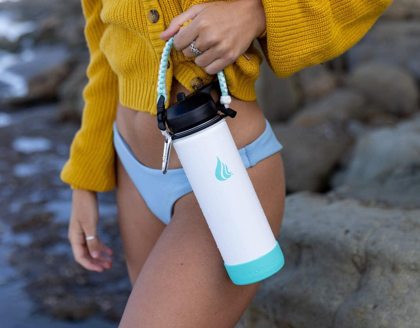 HYDRO CELL Paracord Handle for Wide Mouth Water Bottles - Carrier Strap w/Attachment Ring and Carabiner Accessory. Compatible w/ 64oz, 40oz 32oz, 24oz, 18oz, 14oz Insulated Bottles (Teal/White)