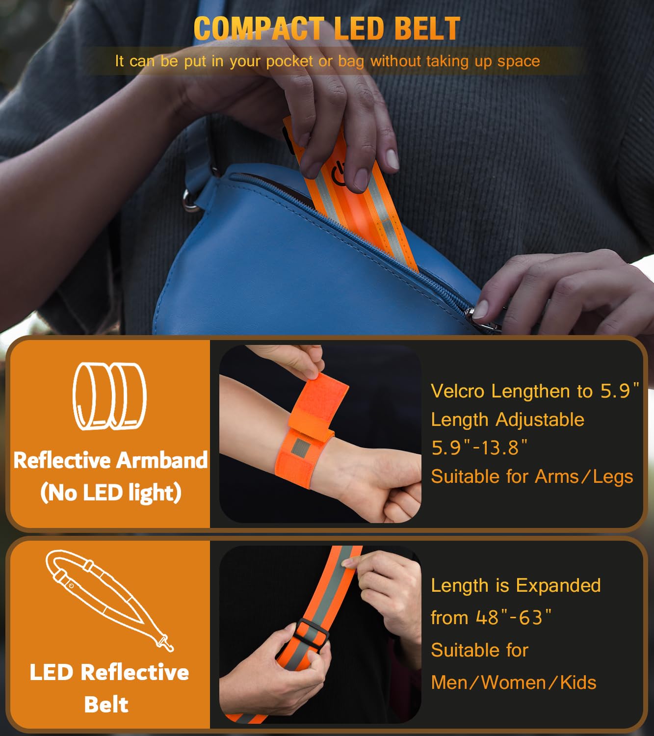 LED Reflective Running Gear High Visibility Reflective Belt Sash with Armband for Walking at Night,Adjustable Running Safety Gear Light Up Running Belt for Runners Walkers Men Women (Orange)