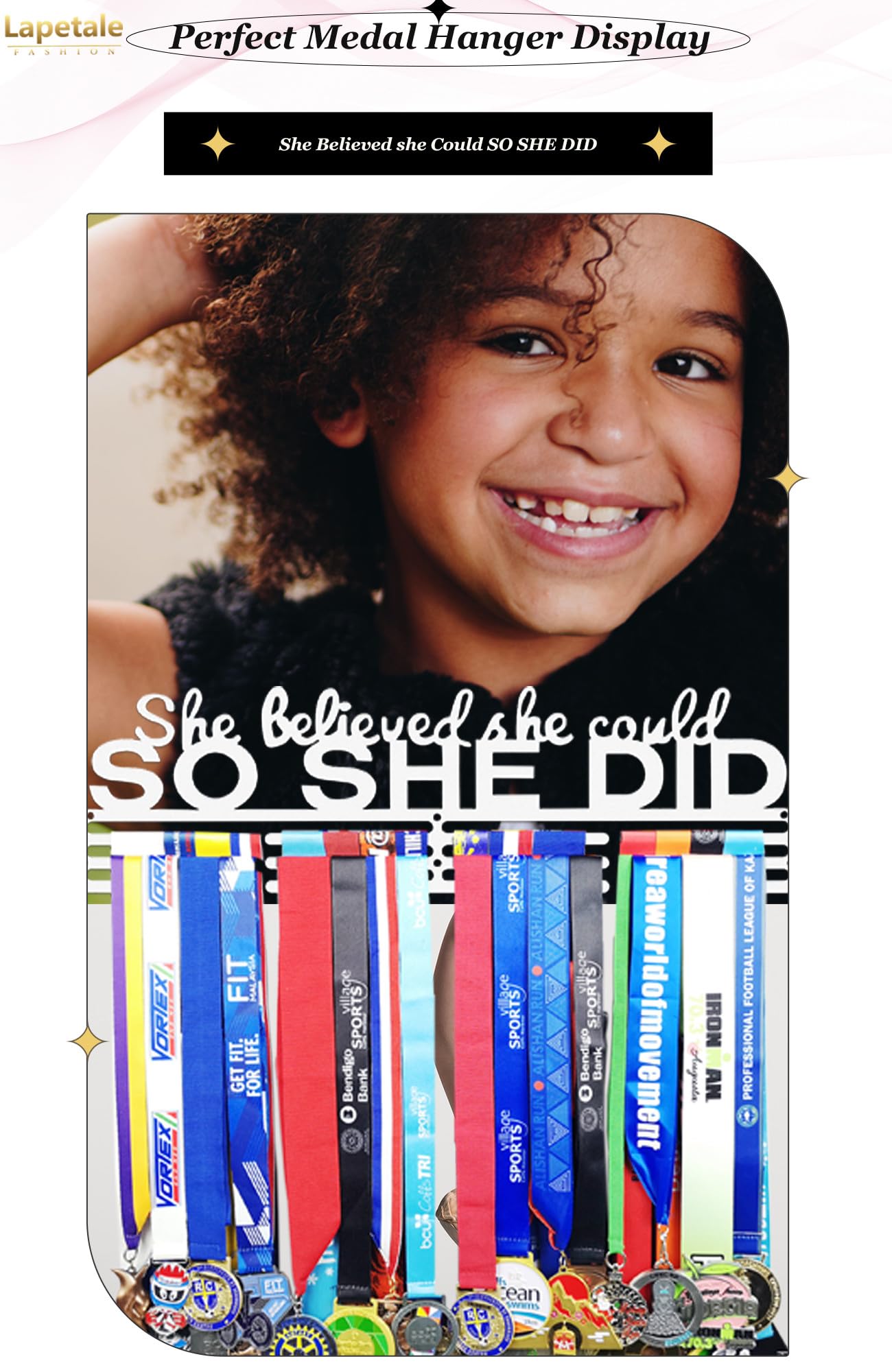 Lapetale Fashion She Believed She Could SO SHE DID White Medal Hanger Display Holder for Medals,Ribbons,soccer,gymnastics,wrest,run,swim