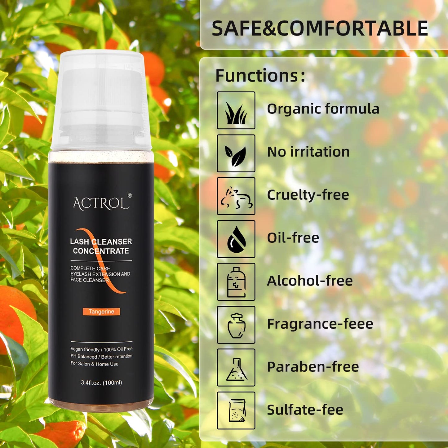 ACTROL Eyelash Cleanser Concentrate 100ml Tangerine Professional Lash Shampoo Foaming Cleanser Paraben & Sulfate Free Non-lrritating Wash for Extensions Lashes with Salon Home Care-Makes 20 Bottles