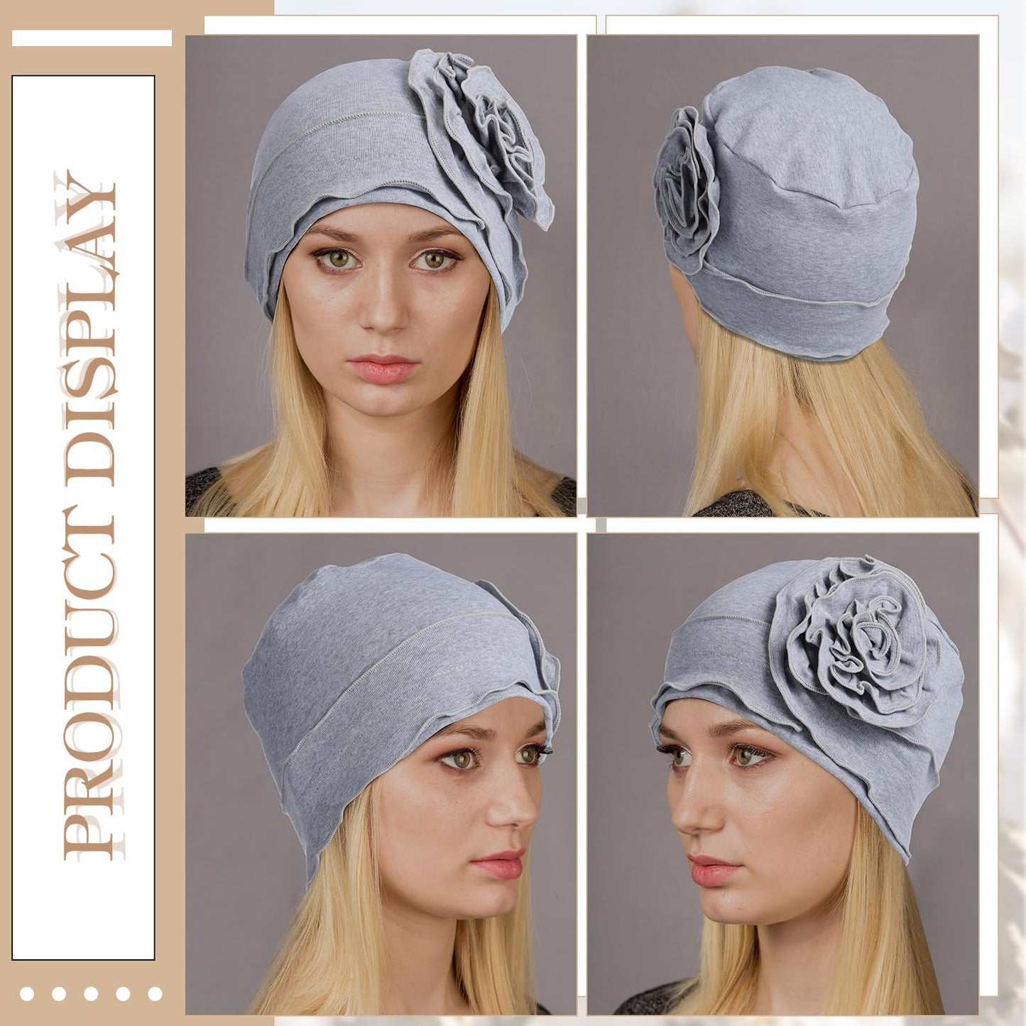 JenPen 4 Pcs Cotton Beanie Turban Headwear for Women Soft Cancer Chemo Head Scarf Hats Elastic Covers Wraps for Women's Hair (Elegant Colors,Flower)