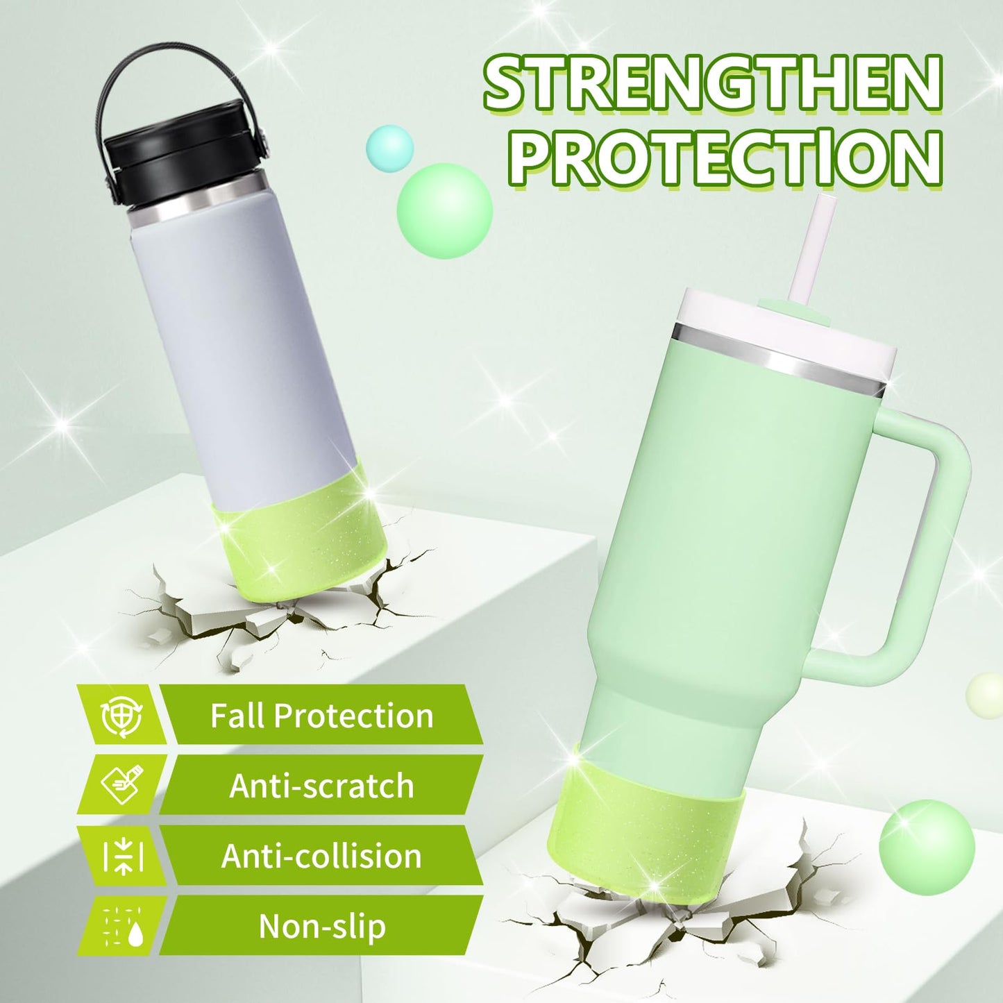 WUQID 2 Pack Bling Silicone Boot Compatible with Stanley Quencher Adventure 40oz & Stanley IceFlow 20oz 30oz, Reduces Dents Protective Water Bottle Bottom Cover Sleeve Compatible with Stanley Tumbler