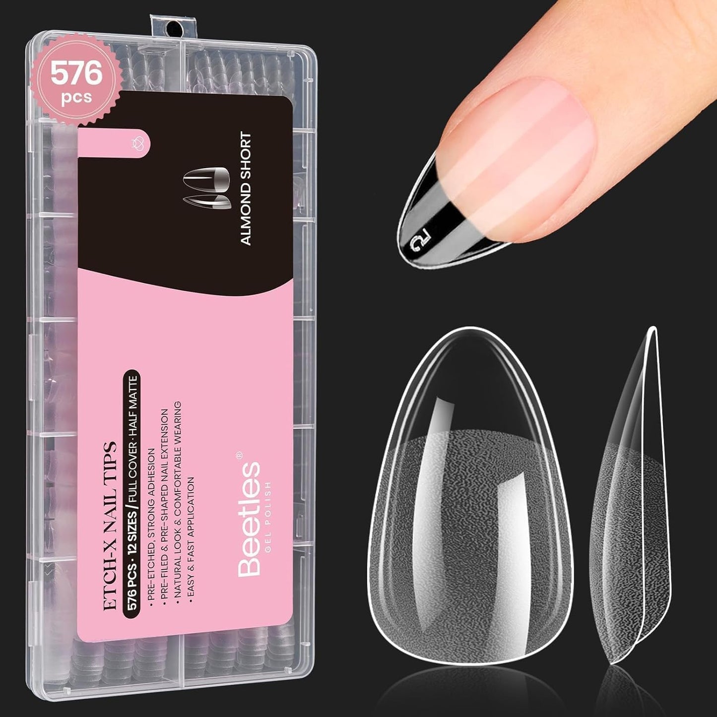Beetles Gel Nail Tips 576Pcs Pre-shape Short Almond Etch-X Nail Tips,12 Sizes Soft Nail Tips Half Matte False Nails for Spring Nails Full Cover Press On Nail Nail Extensions Set for Women