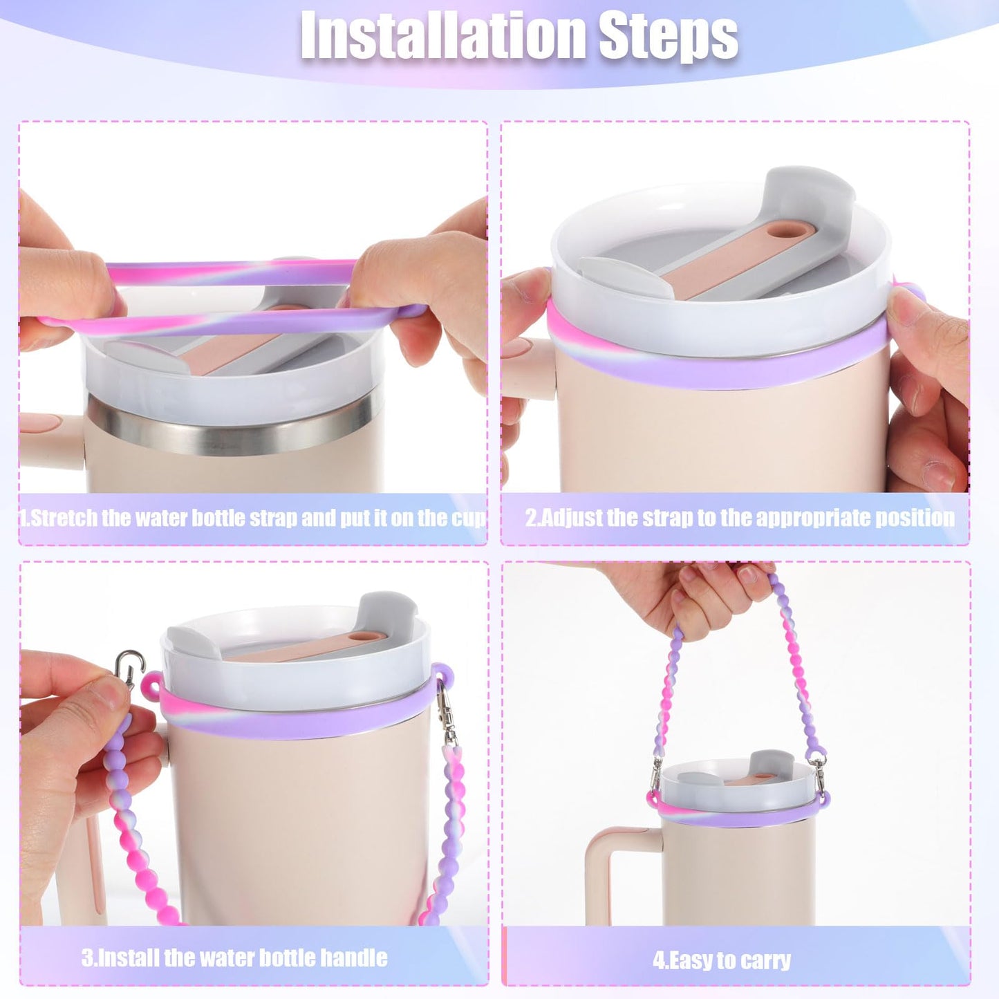 Needbrock Water Bottle Handle for Stanley Cup, Water Bottle Handle Strap Fits Most 8-40oz Water Bottles, Compatible with Stanley Cup Strap Carrier and 3 Pcs Straw Cover(Purple)