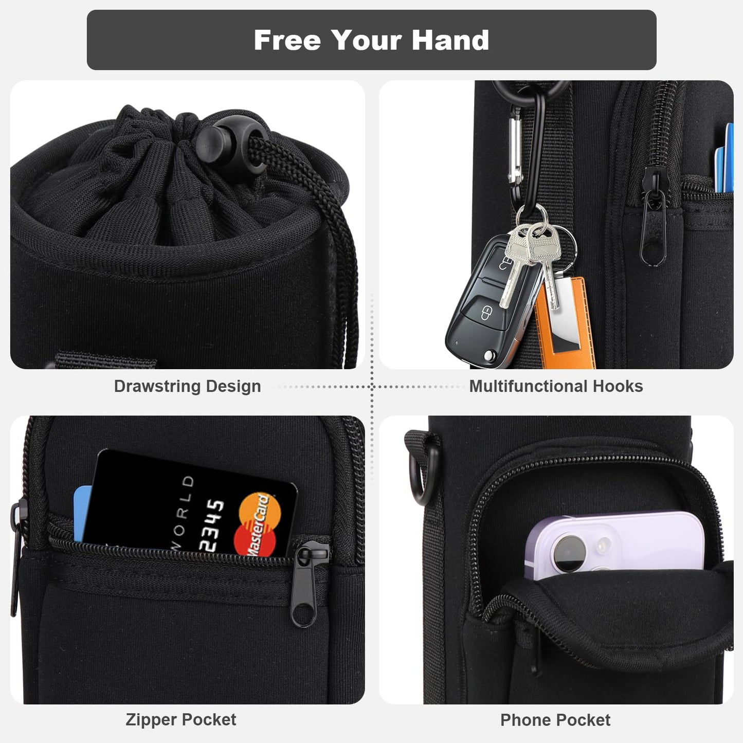 Water Bottle Holder with Strap, Water Bottle Carrier Bag with Phone Pocket, Shoulder Hand Strap Insulated Neoprene 40 oz Water Bottle Sleeve for Walking Hiking Camping Gym