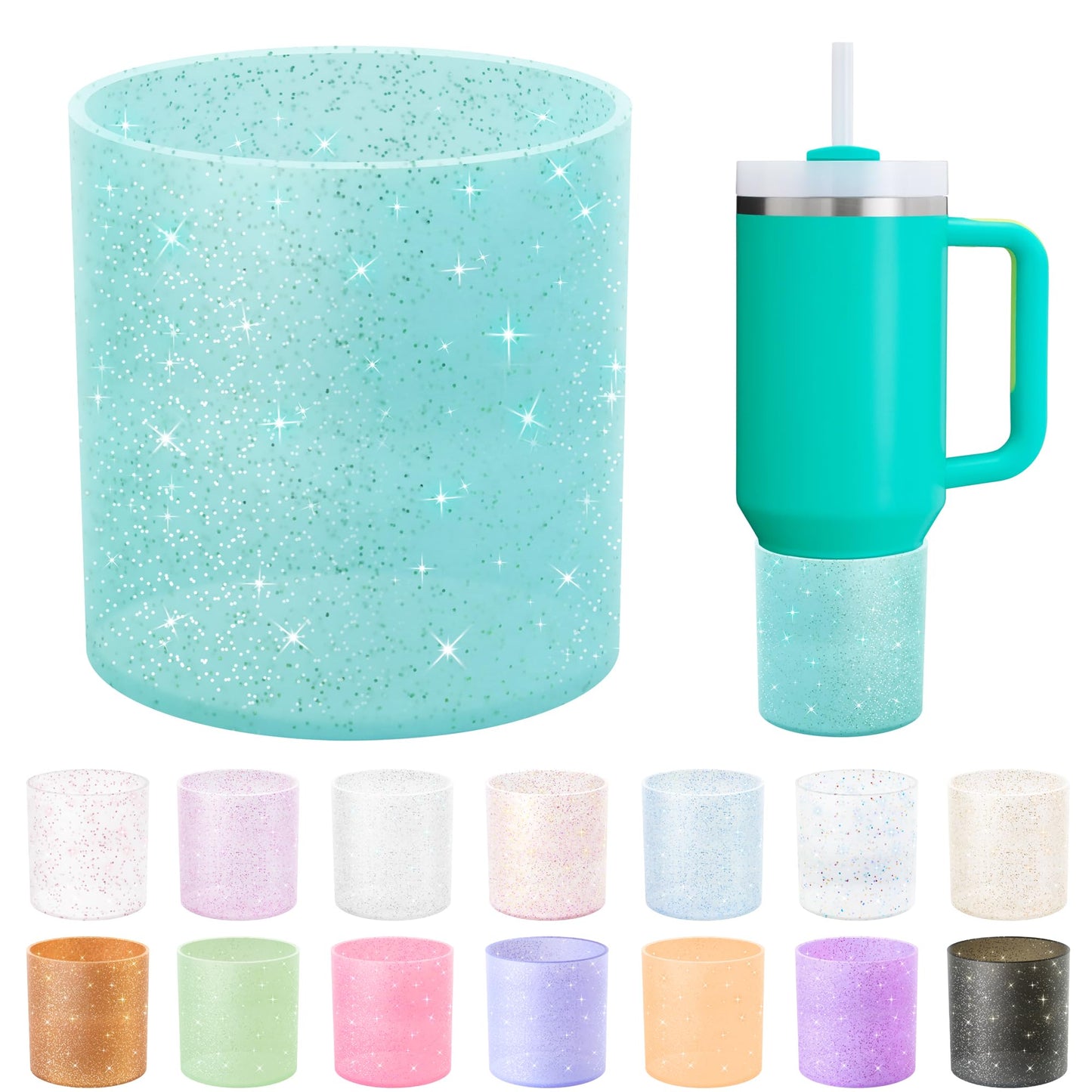 Vmini Full Bottom Protector, Glitter Silicone Boot Compatible with Stanley Quencher 40 oz Tumbler with Handle, Bling Anti-Slip Boot Sleeve for Stanley Cup 40oz Accessories (Mint)
