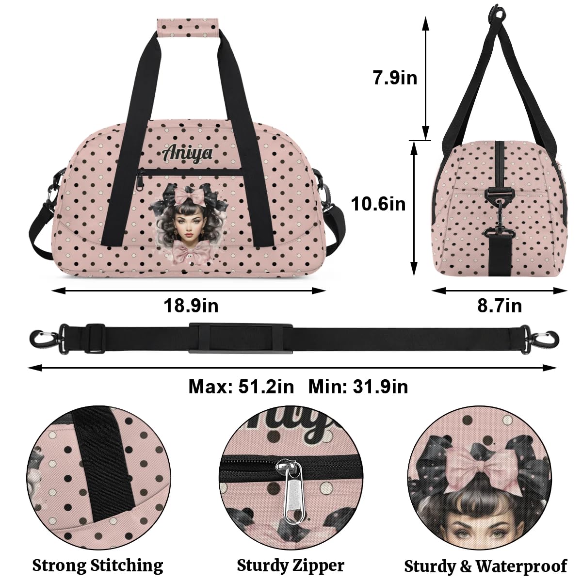 Personalized Gym Bag for Kids Girls, Bow Knot Girl Custom Small Duffel Bag with Padded Handles Carry On Weekend Travel Bag for School Practice Ball Games