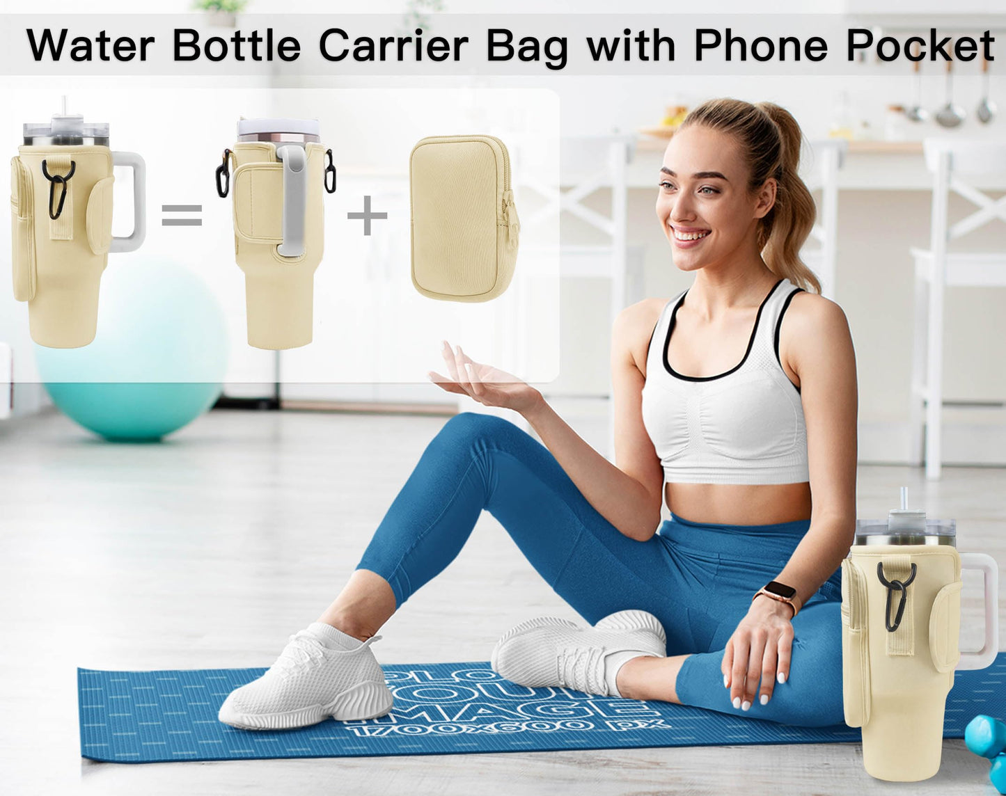 Aganmi Initial Water Bottle Carrier Bag with Phone Pocket for Stanley 40Oz Cup Accessories,Water Bottle Holder with Shoulder Strap Christmas Birthday Gifts for Family Friend Girlfriend (Cream S)