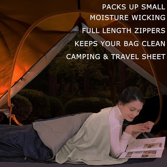 100% Cotton Sleeping Bag Liner with Full Length Zipper on 3 Sides; Single/Double Adult Sleep Sack for Travel & Camping, Multifunctional Travel Sheets (Unzipped 87”x87”) for Hotel, Lightweight