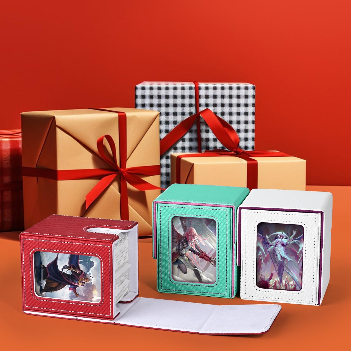 UAONO Card Deck Box with MTG Commander Display, Patented Design Card Deck Case Holds 100+ Double-Sleeved Cards, PU Leather Cards Storage Box For TCG with 2 Dividers, 1 Toploader (Red&White)
