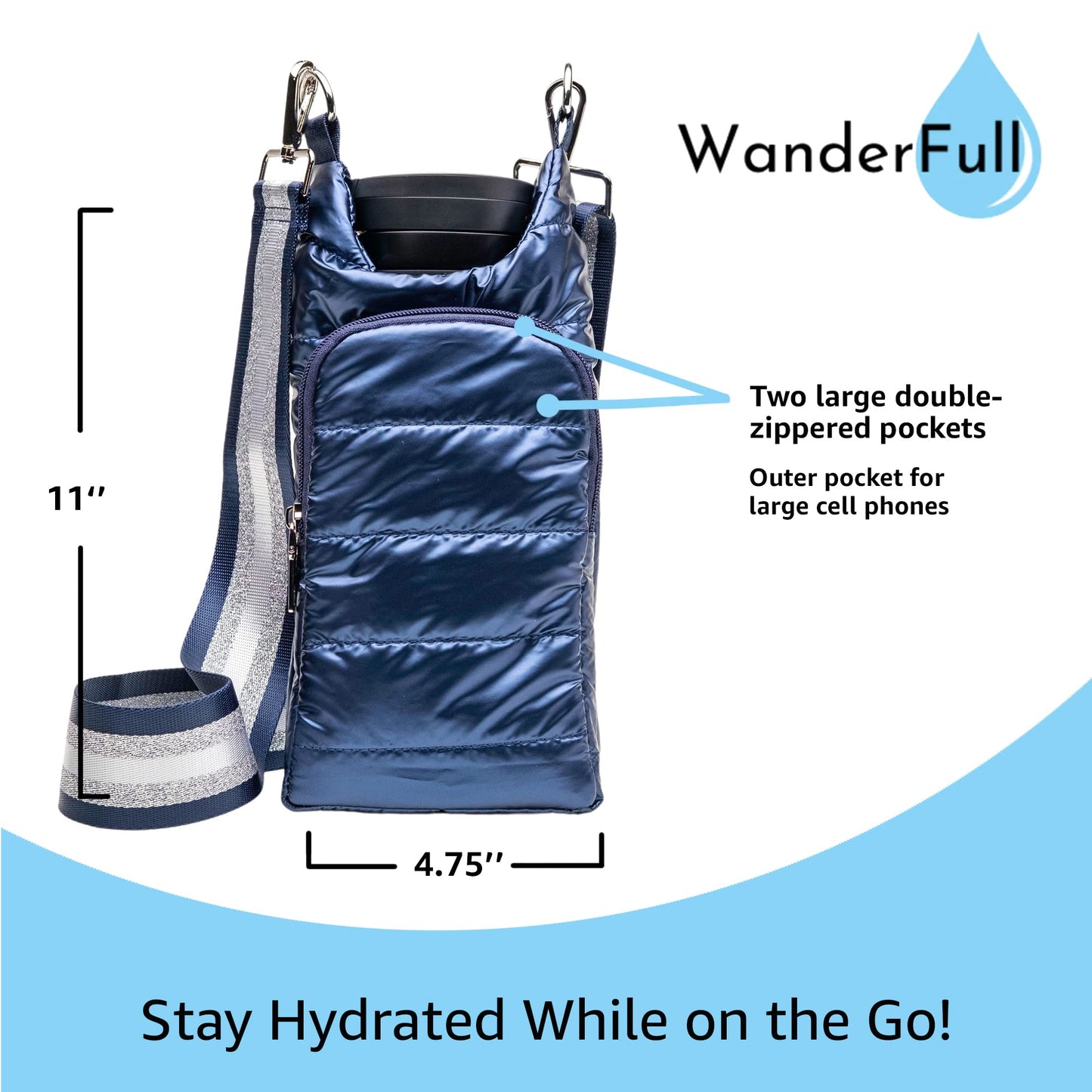 WanderFull Original Crossbody HydroBag | Quilted Water Bottle Carrier | Puffer Tote Tumbler Holder with Pockets for Purse, Phone & Accessories | Carry Travel Essentials (Navy/Patterned Strap)