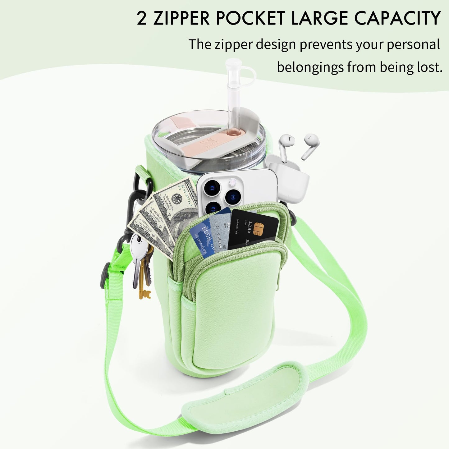 JEBEALUO Water Bottle Carrier Bag with Phone Pocket for Stanley Cup 40/30 oz, Water Bottle Holder with Adjustable Strap& Straw Cover, Stanley Cup Accessories (Mint Green)