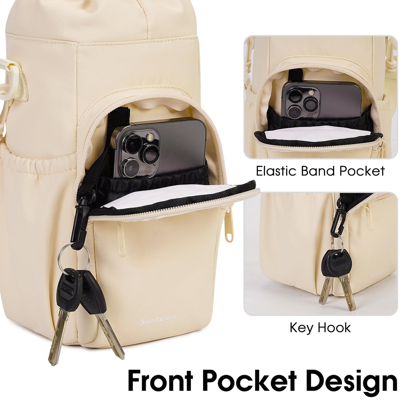 sportsnew Water Bottle Holder with Strap 32oz 40oz Insulated Water Bottle Carrier Sling Bag with Phone Pocket Water Bottle Sleeve for Walking Hiking, Beige, Patent Pending